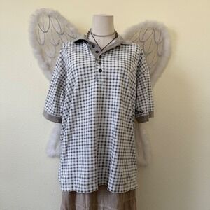 Indie Skater Grunge Polo Shirt Checker Plaid Short Sleeve Dad Green Sage Funky